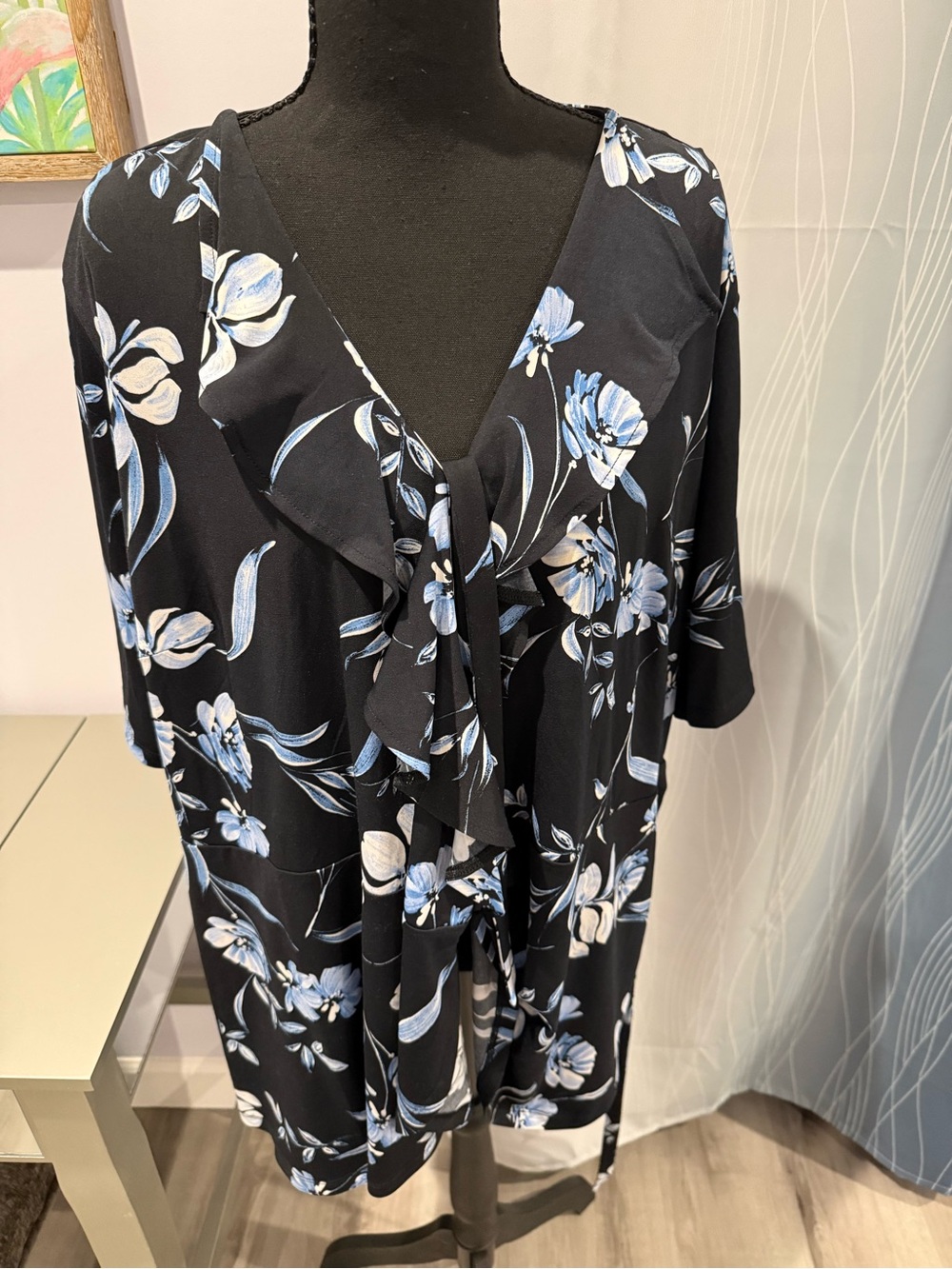 The Limited Black Floral V-Neck Ruffle Tunic with Blue & White Blooms